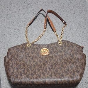 Michael Kors Brown Monogram Shoulder Bag with Gold Chains